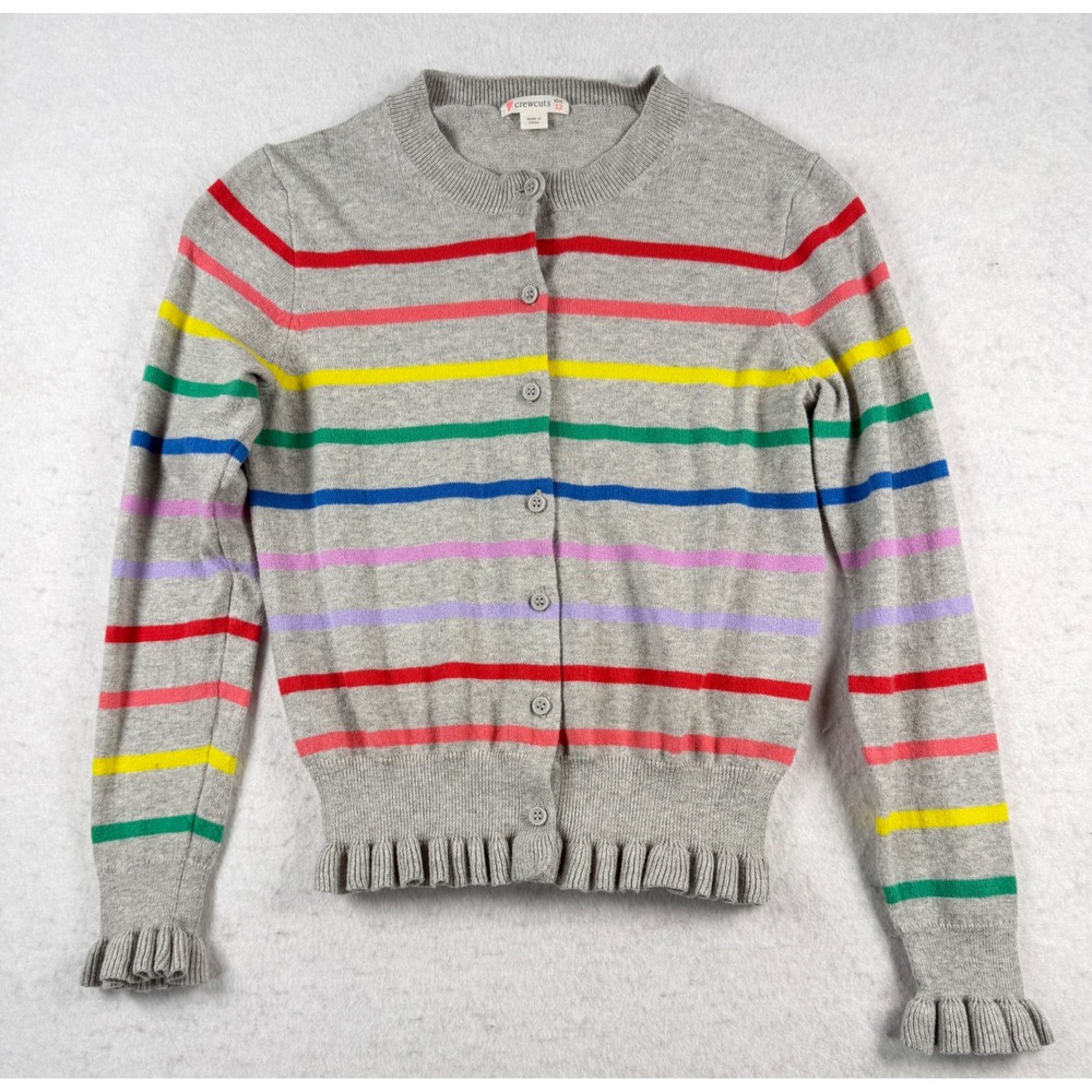 Crewcuts Girls Rainbow Stripe Ruffle Cardigan Sweater Gray Size 12